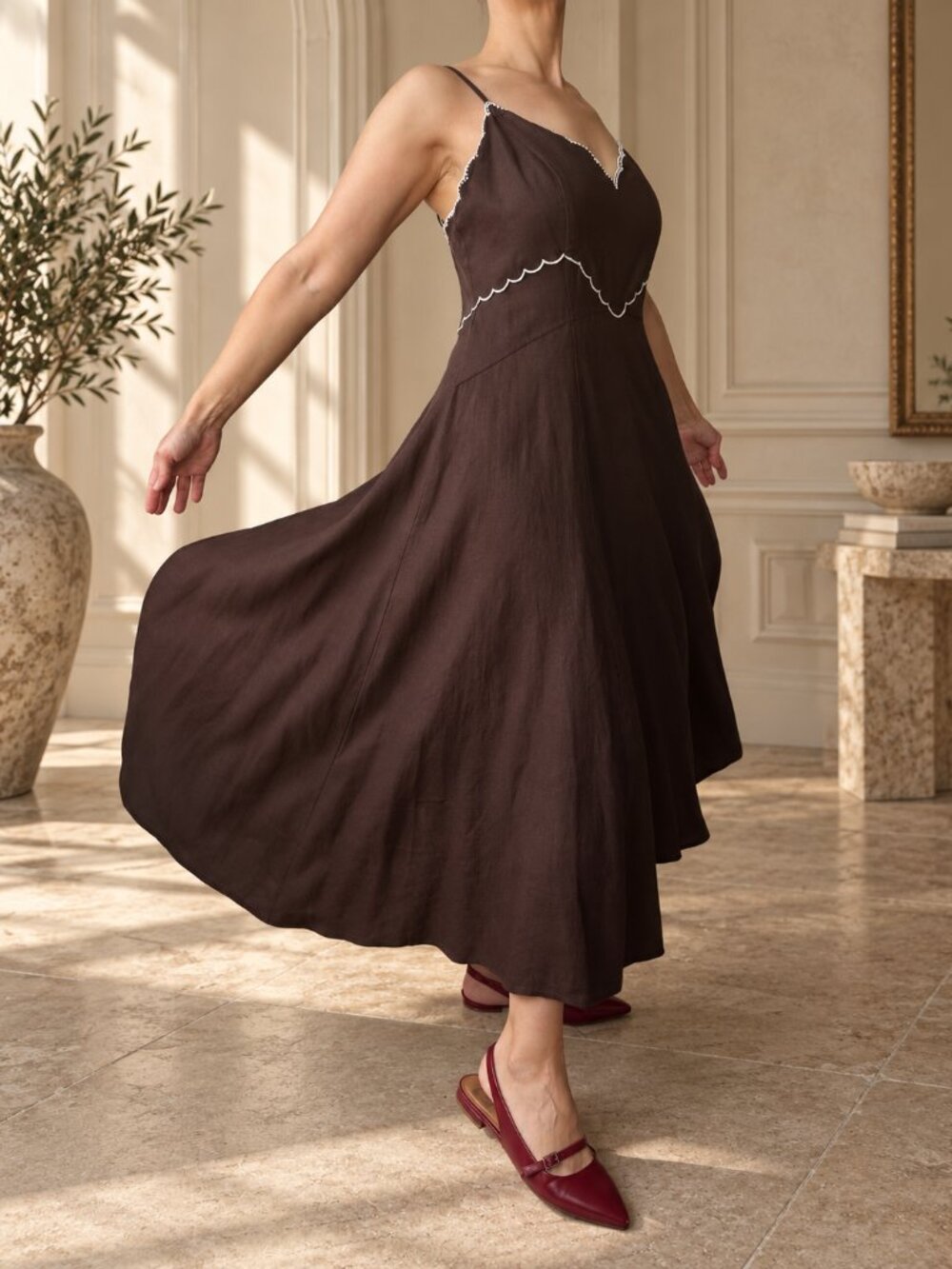 Caroline Constas Brown Linen Blend Beaded Scallop Maxi Dress Size M NWT